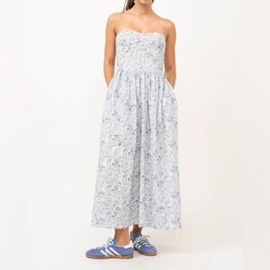 CREAMON Floral Strapless Maxi Dress - Blue and White